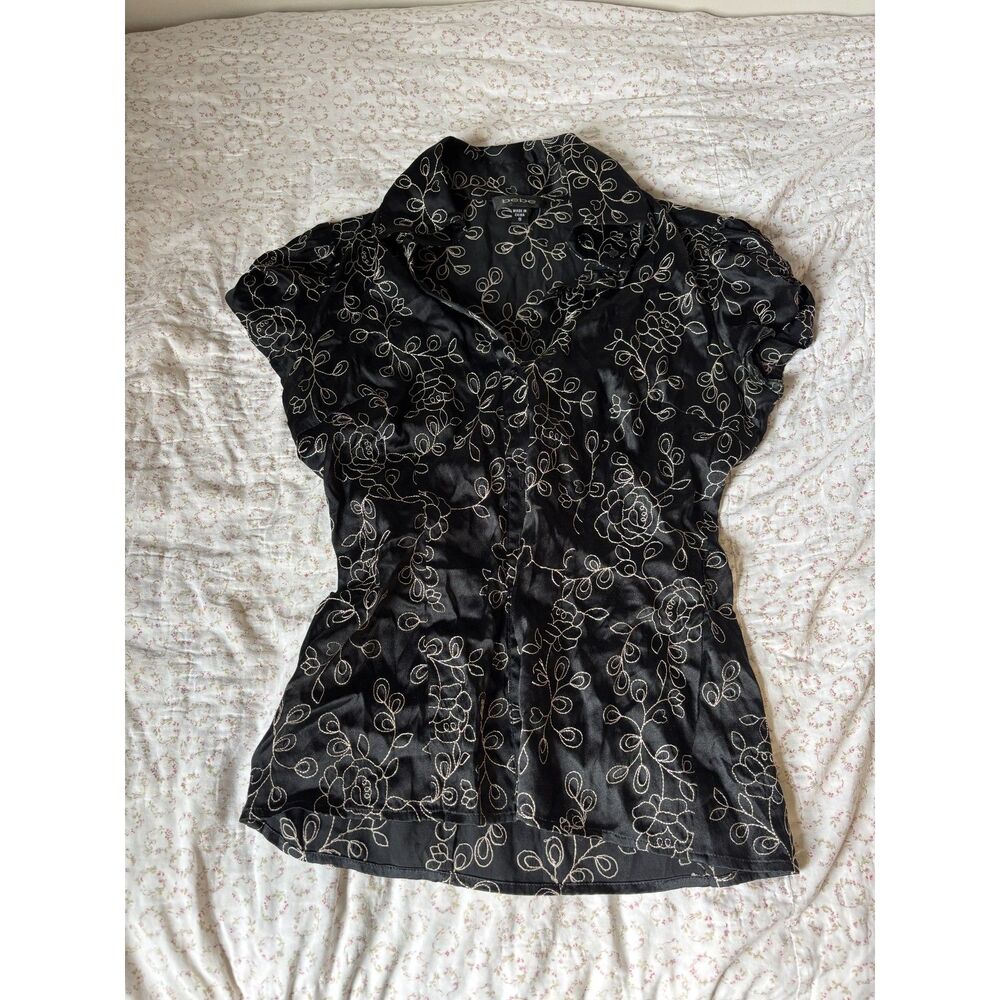 Vintage Bebe Women's Silk Blend Black Embroidered Button-Up Blouse